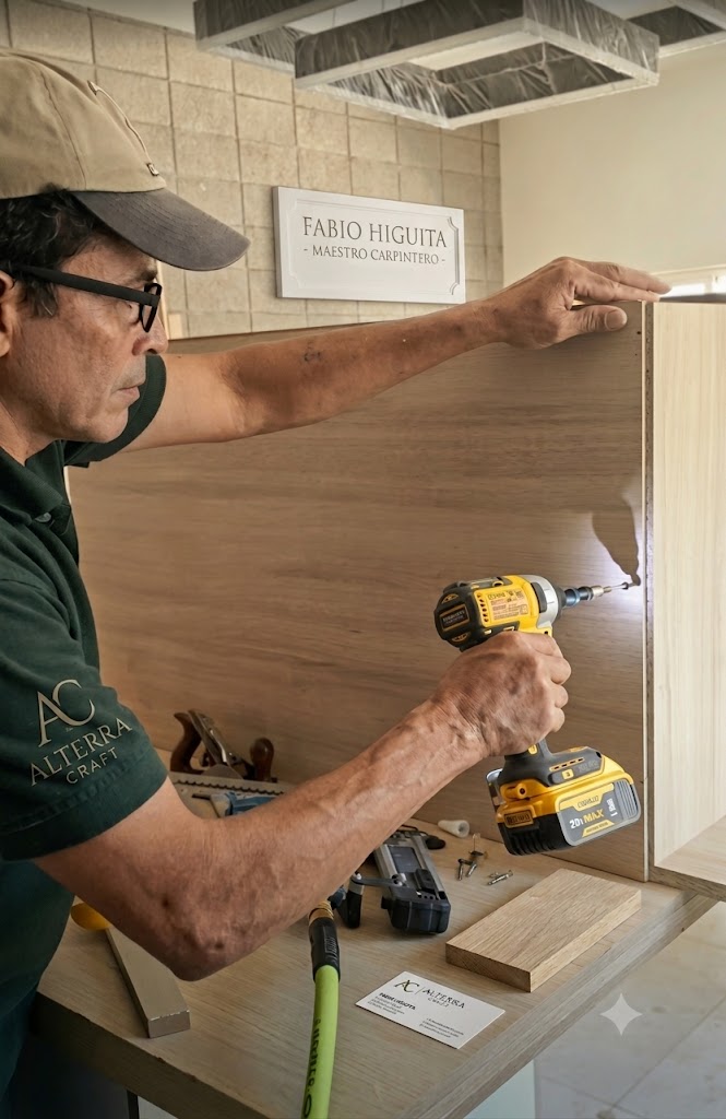 Master craftsman Fabio Higuita assembling custom wood cabinetry at Alterra Craft in Tucson