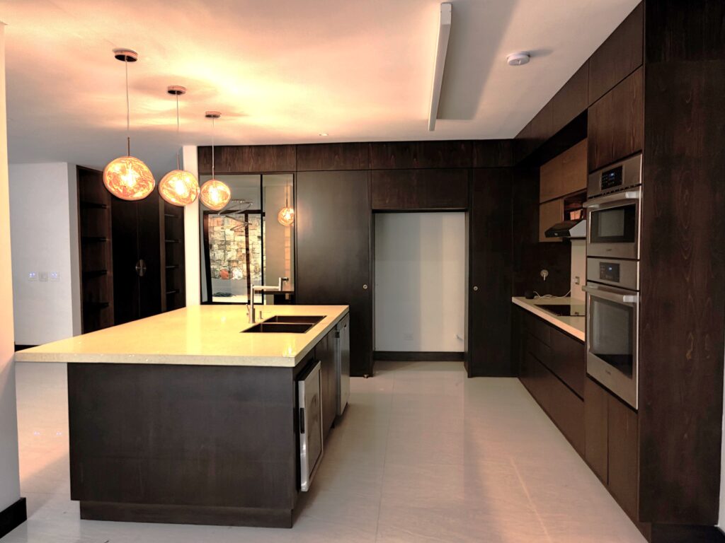 Luxury custom modern kitchen with dark solid wood cabinetry and quartz island by Alterra Craft in Tucson