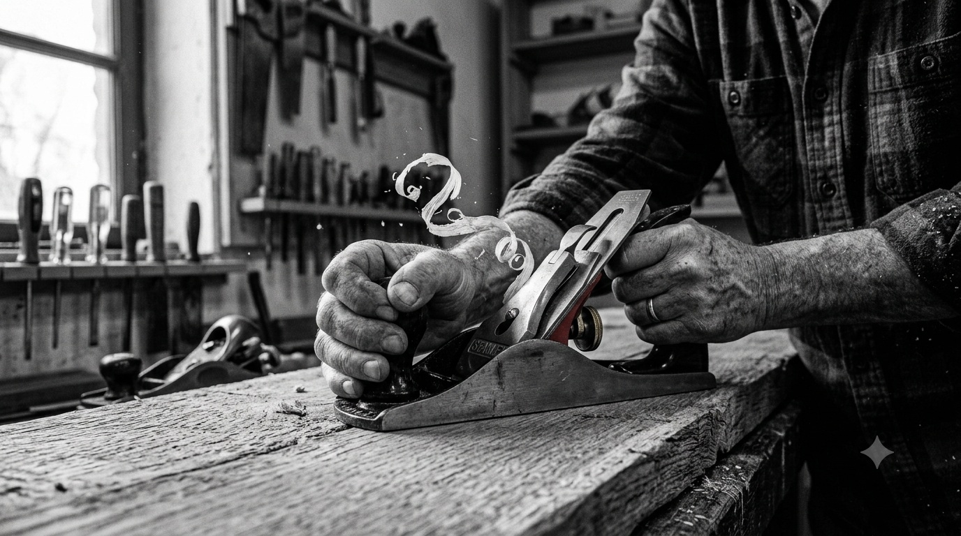 aster craftsman Fabio Higuita operating a traditional hand plane in a vintage woodworking workshop