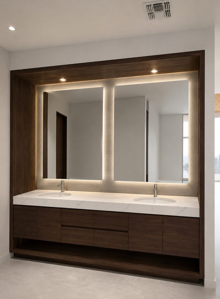Modern floating walnut double-sink vanity with backlit LED mirrors, custom bathroom cabinetry in Tucson